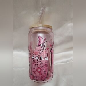 Pink Breast Cancer awareness-themed Design Beer Can Glass with bamboo lid
